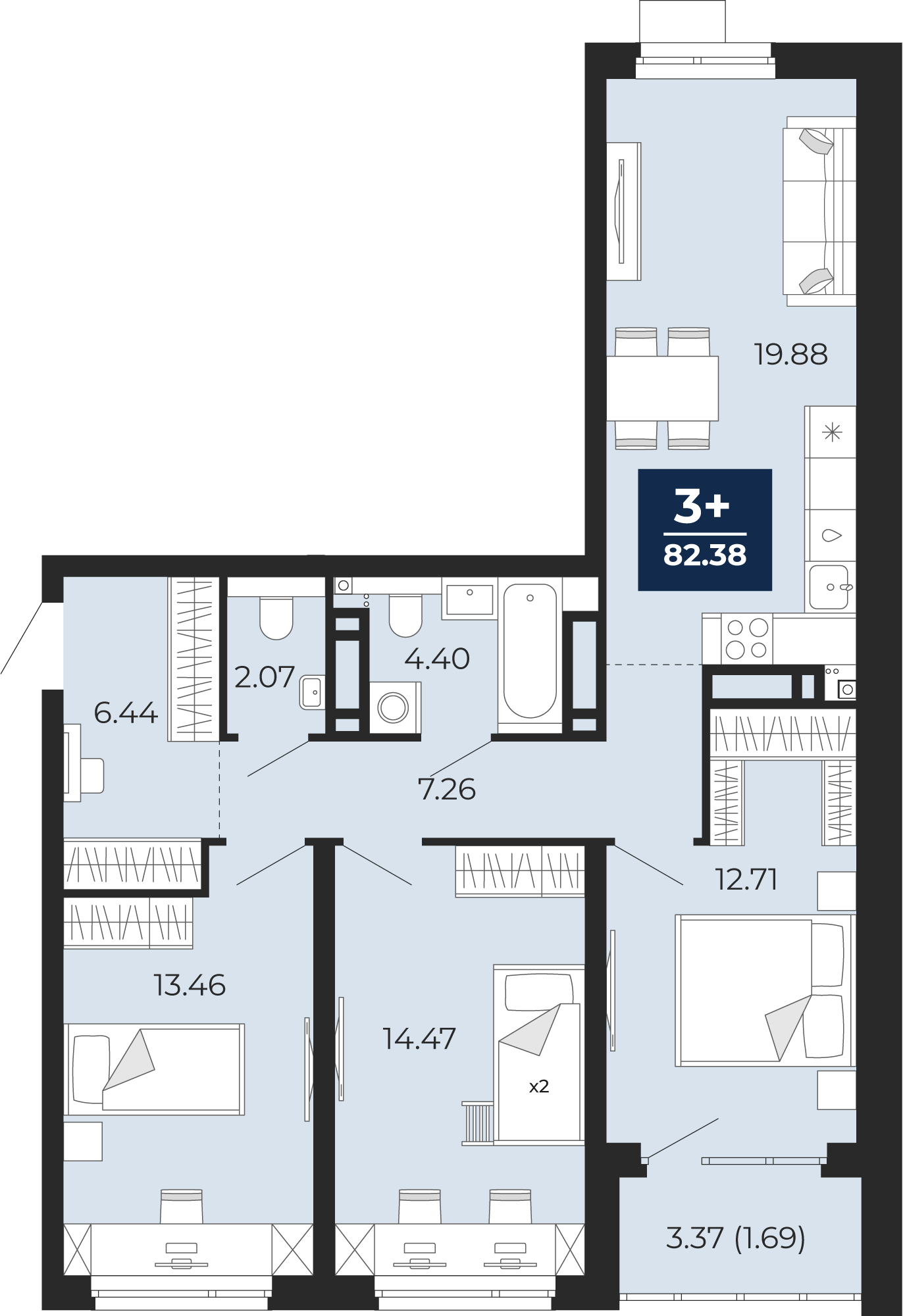 3-комнатная 80 м2 в ЖК Прео корпус null этаж 11