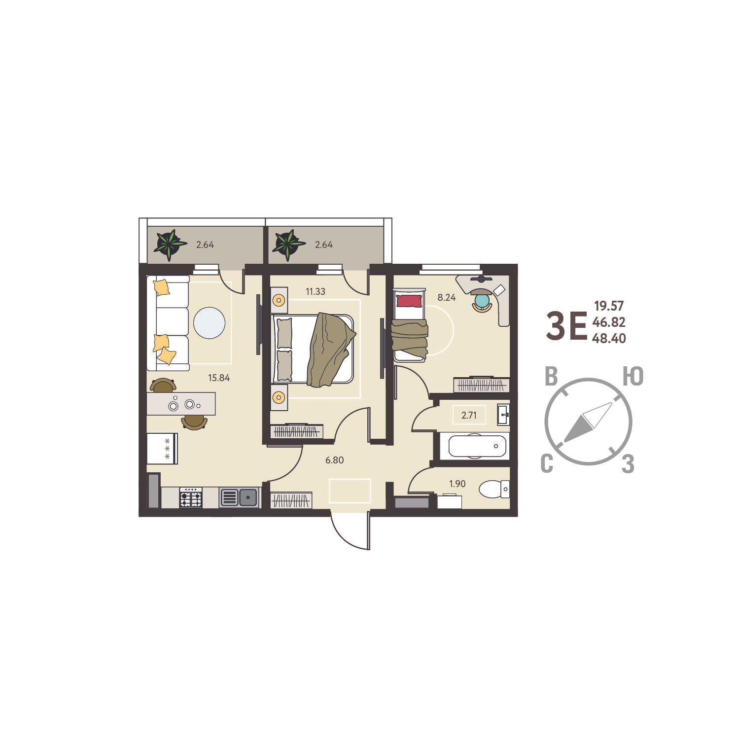 2-комнатная 48 м2 в ЖК Инстеп.Сити корпус null этаж 9