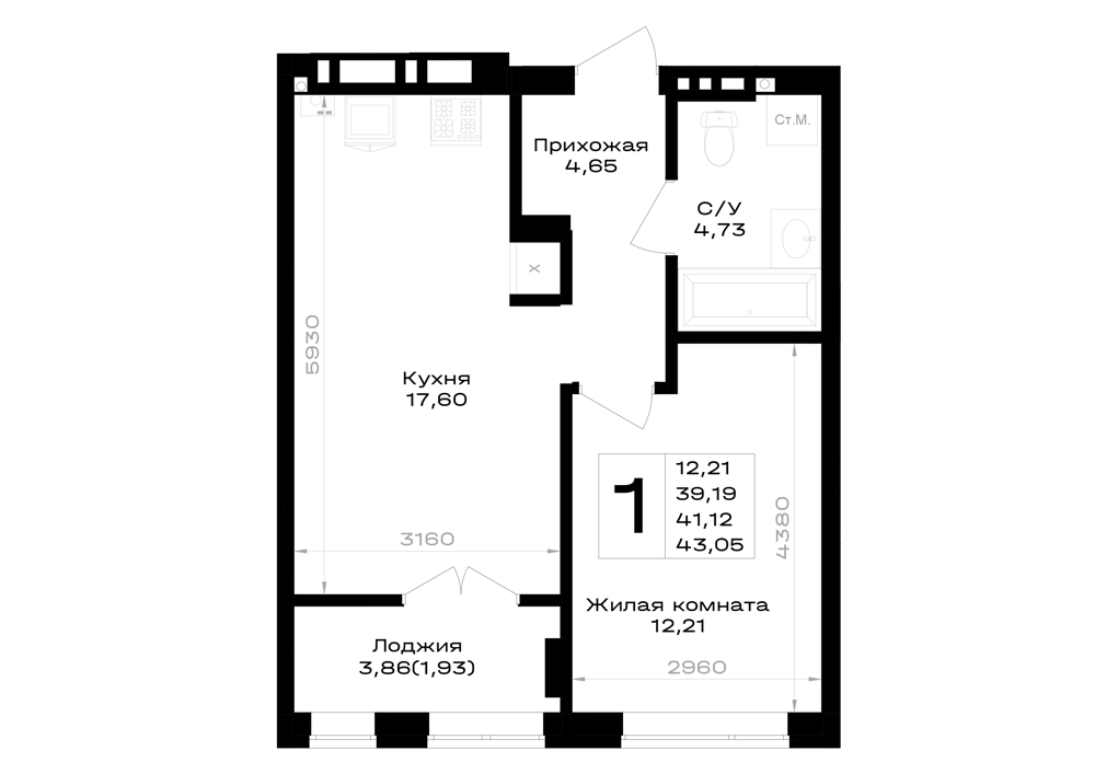 1-комнатная 41 м2 в ЖК Включи корпус null этаж 6