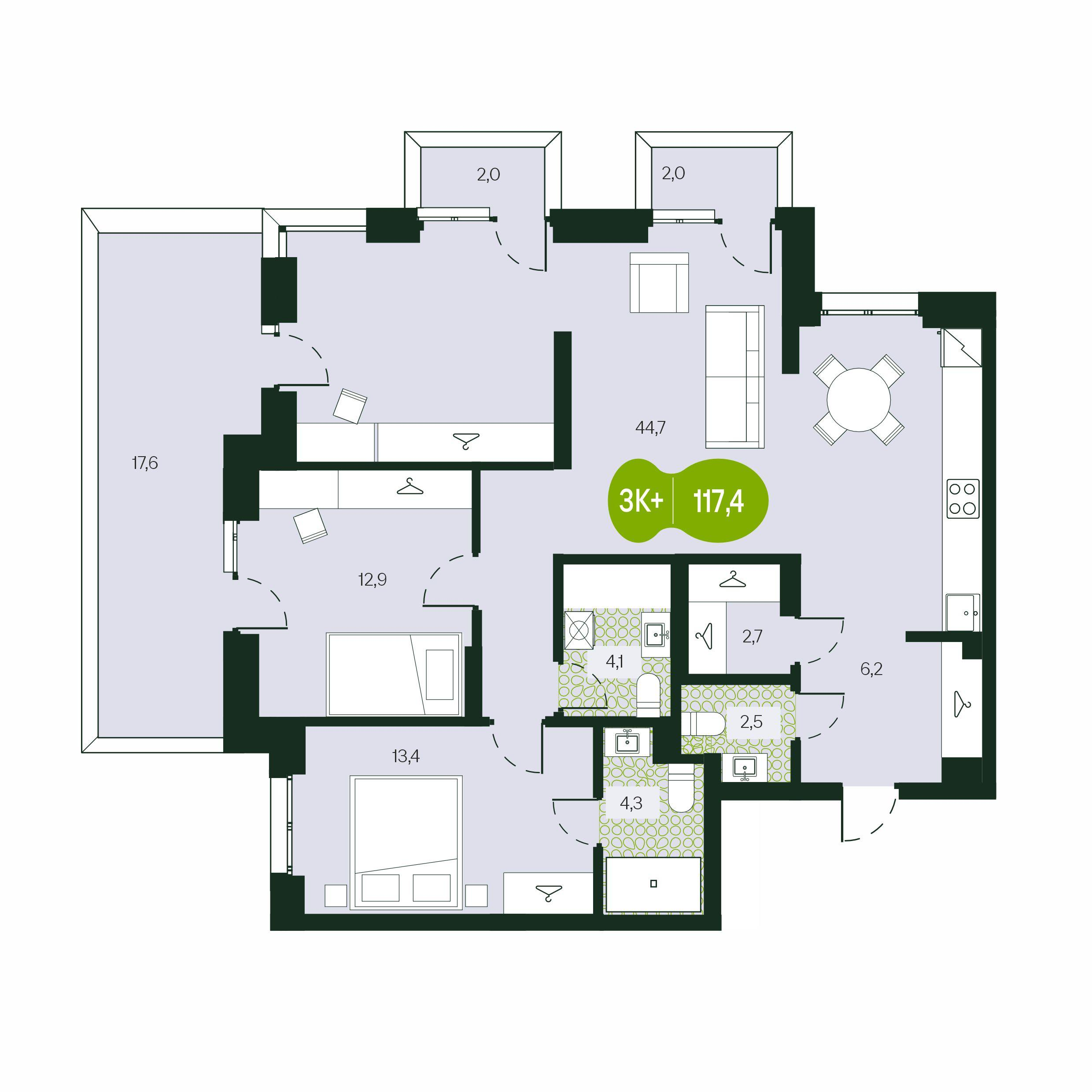 3-комнатная 117 м2 в ЖК Солнечный Город корпус null этаж 1