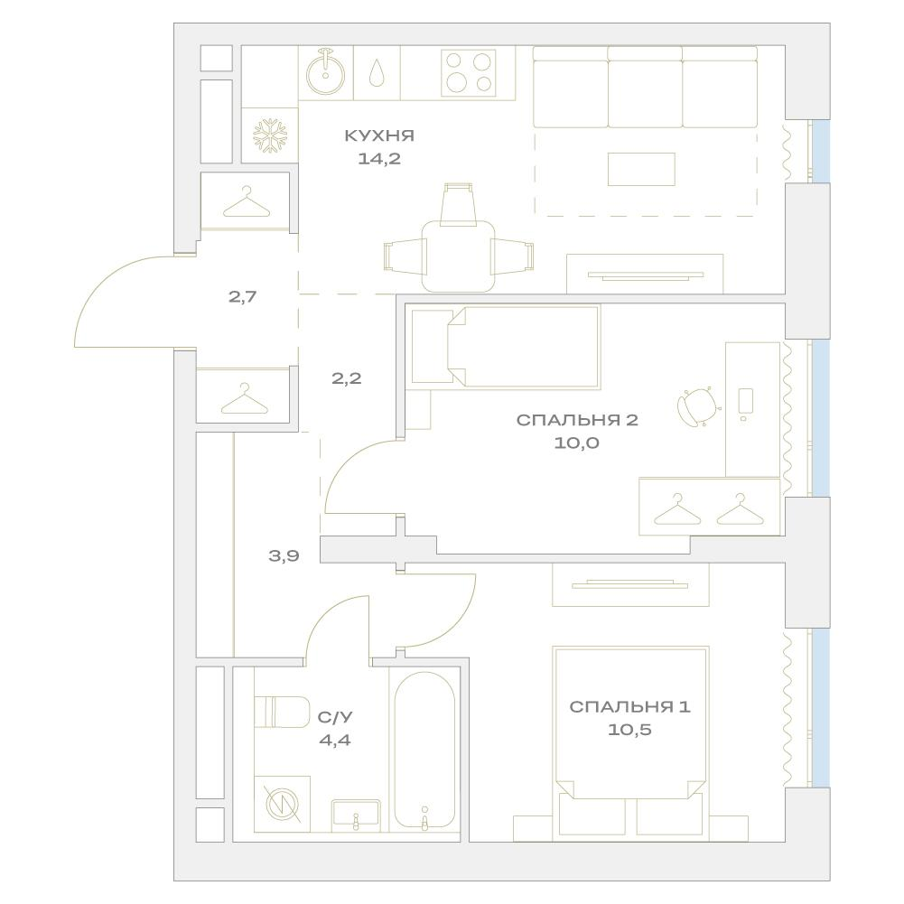 2-комнатная 47 м2 в ЖК Детали корпус null этаж 11