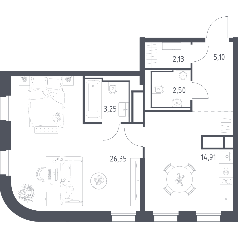 1-комнатная 54 м2 в ЖК Квартал на воде корпус null этаж 10