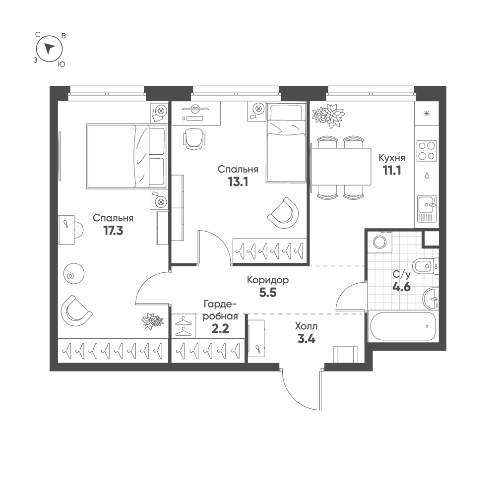 2-комнатная 57 м2 в ЖК Шагал корпус null этаж 2