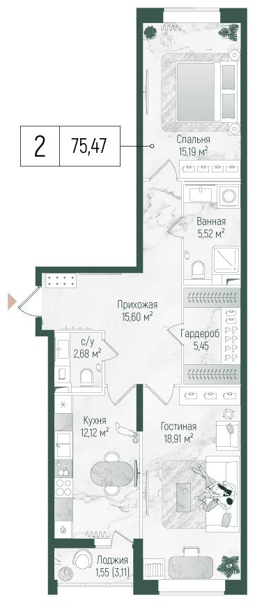 2-комнатная 77 м2 в ЖК Рига Хиллс корпус null этаж 1