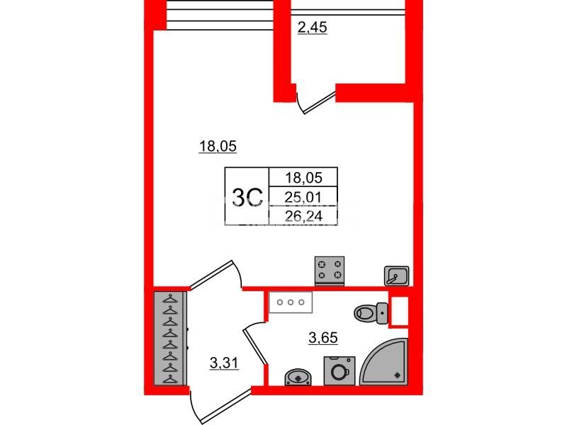 Студия 25 м2 в ЖК Астра Континенталь корпус null этаж 3