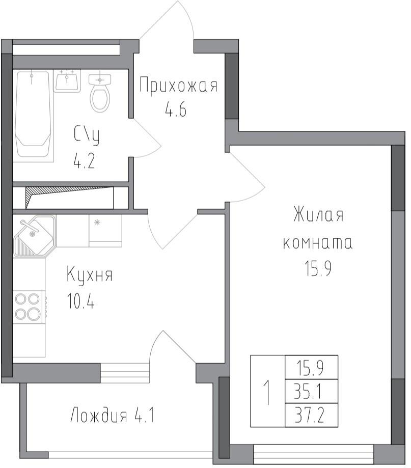 1-комнатная 37.2 м2 в ЖК undefined корпус null этаж 10