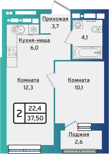 2-комнатная 37 м2 в ЖК ARTNOVA корпус null этаж 1