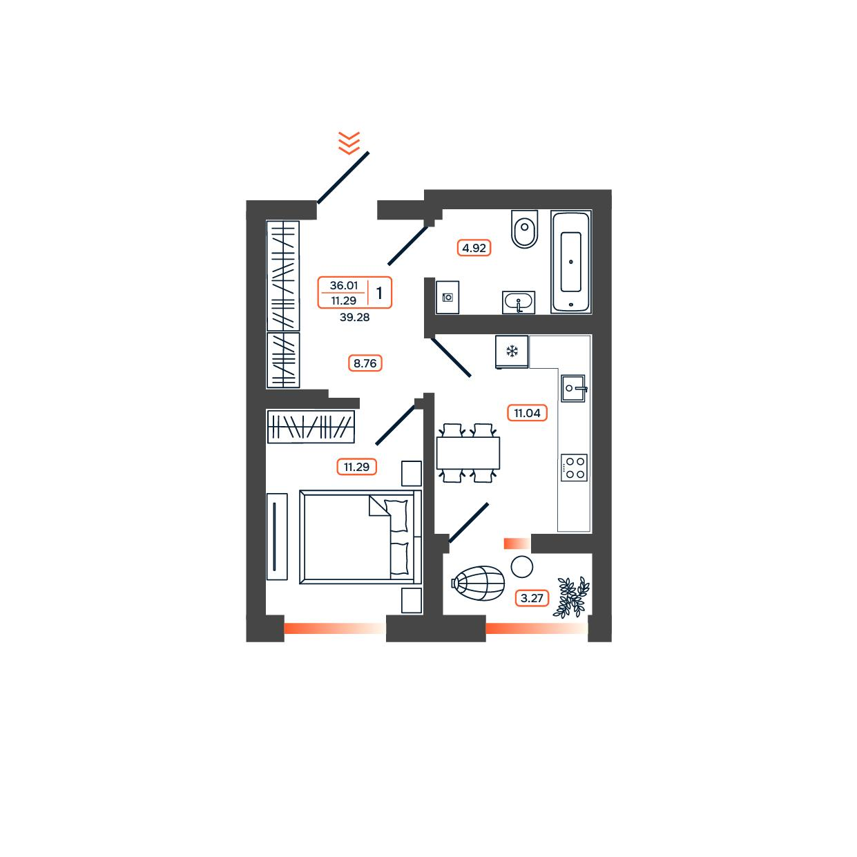 1-комнатная 39 м2 в ЖК Темп корпус null этаж 14