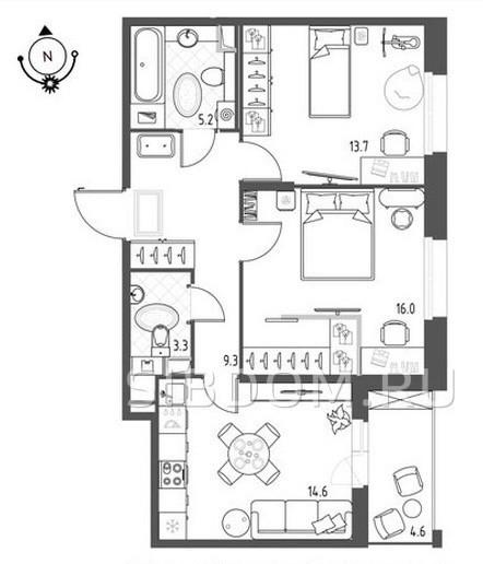 2-комнатная 64.4 м2 в ЖК undefined корпус null этаж 2
