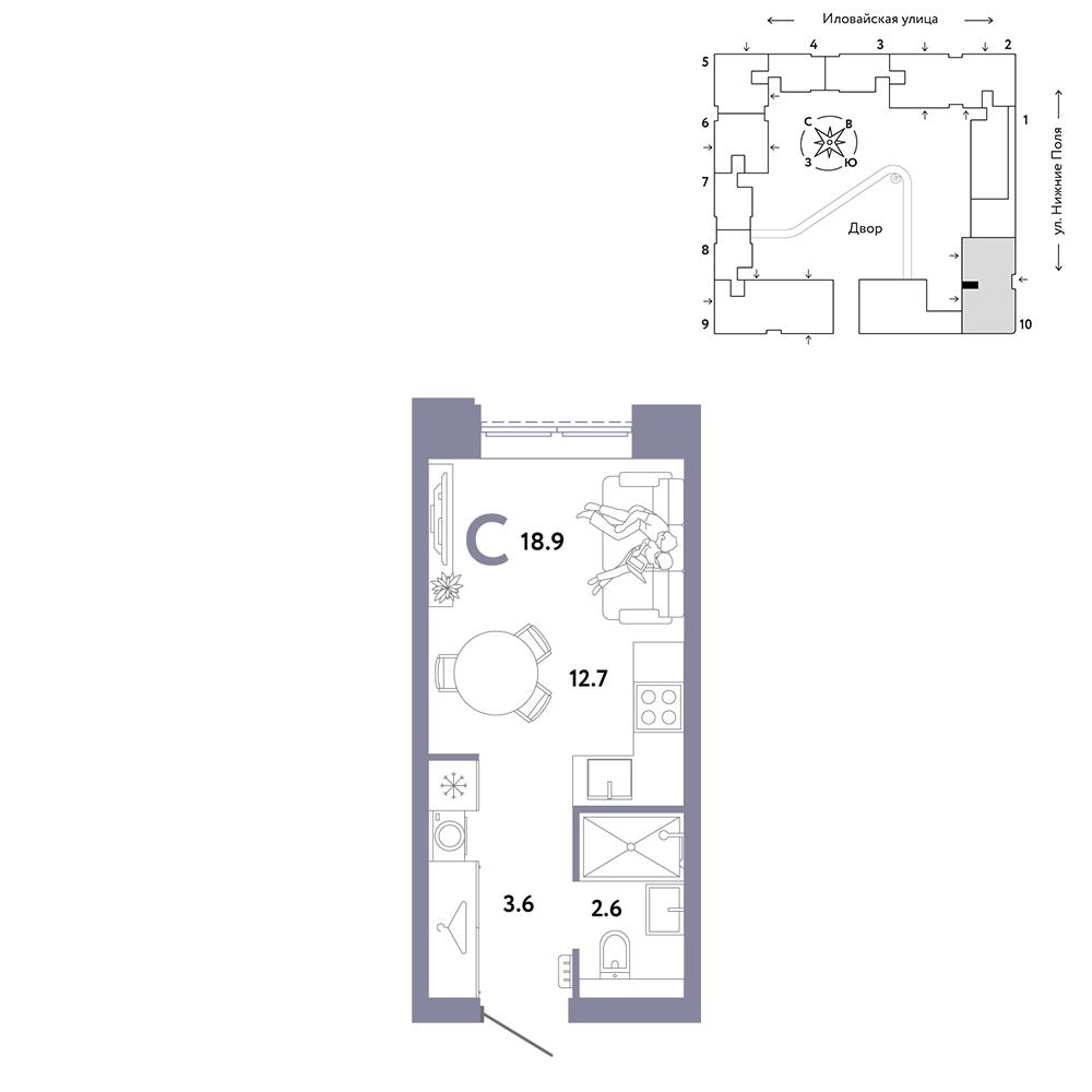1-комнатная 18 м2 в ЖК Страна.Заречная корпус null этаж 3