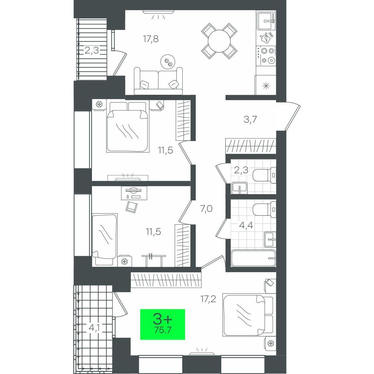 3-комнатная 82 м2 в ЖК Гранд Квартал корпус null этаж 5