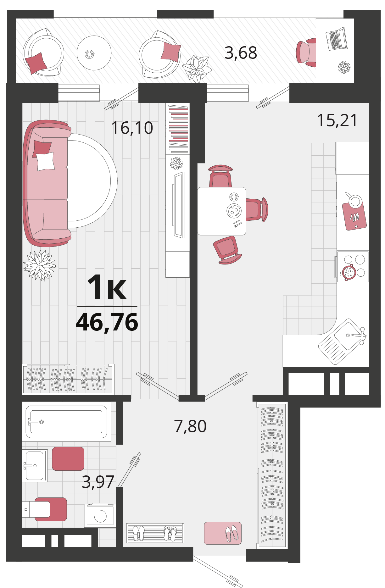 1-комнатная 46 м2 в ЖК Родные просторы корпус null этаж 10