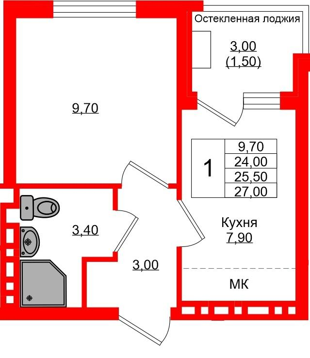 1-комнатная 25 м2 в ЖК Кроны и Волны корпус null этаж 1