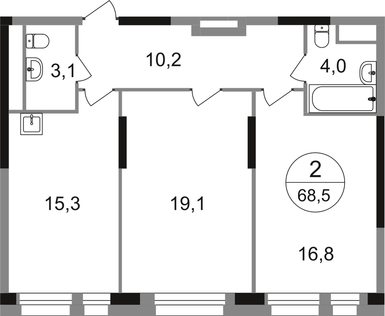 2-комнатная 68 м2 в ЖК Первый Московский корпус null этаж 3