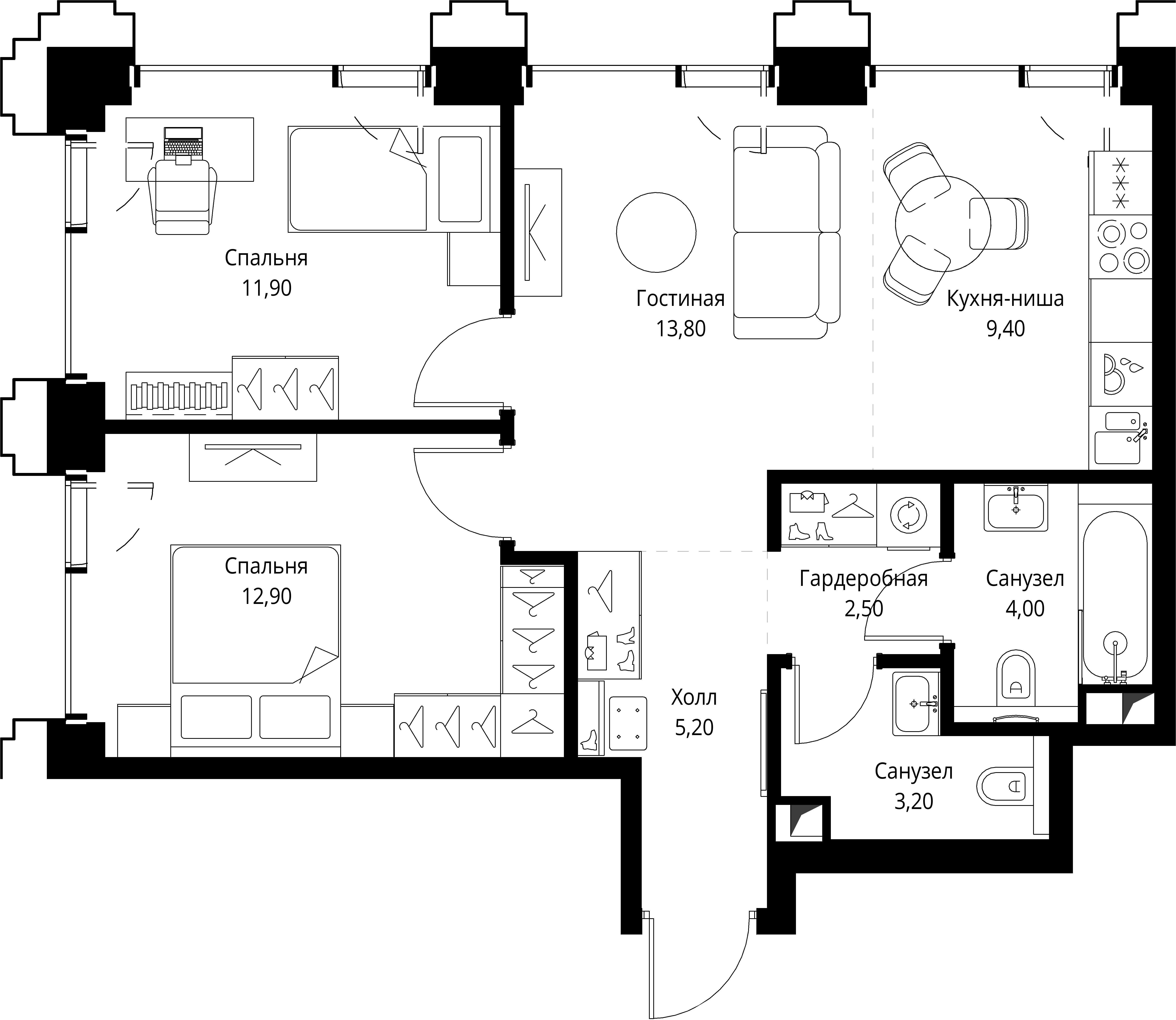 2-комнатная 63 м2 в ЖК СЕТ корпус null этаж 10