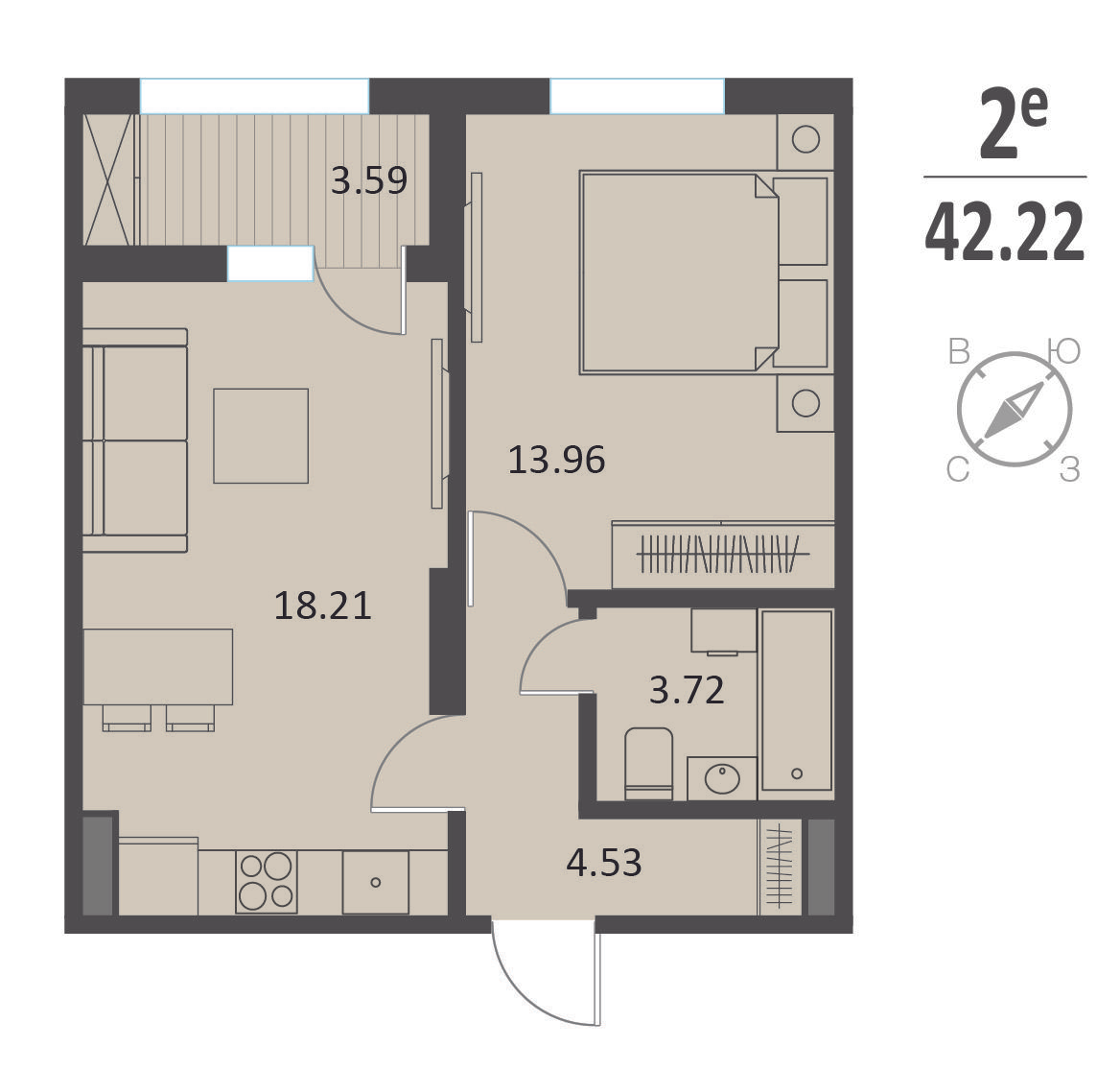 1-комнатная 42 м2 в ЖК Инстеп.Хуторская корпус null этаж 10