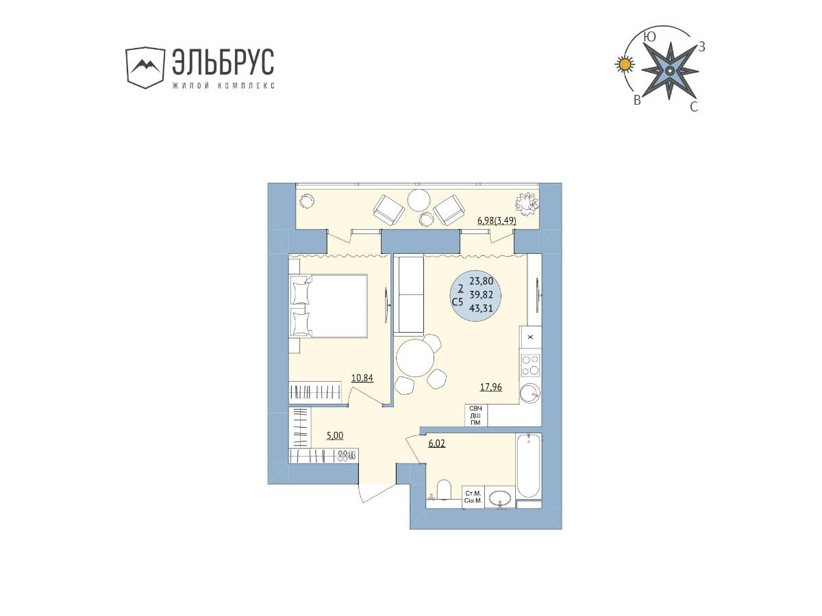 2-комнатная 43 м2 в ЖК Эльбрус корпус null этаж 15