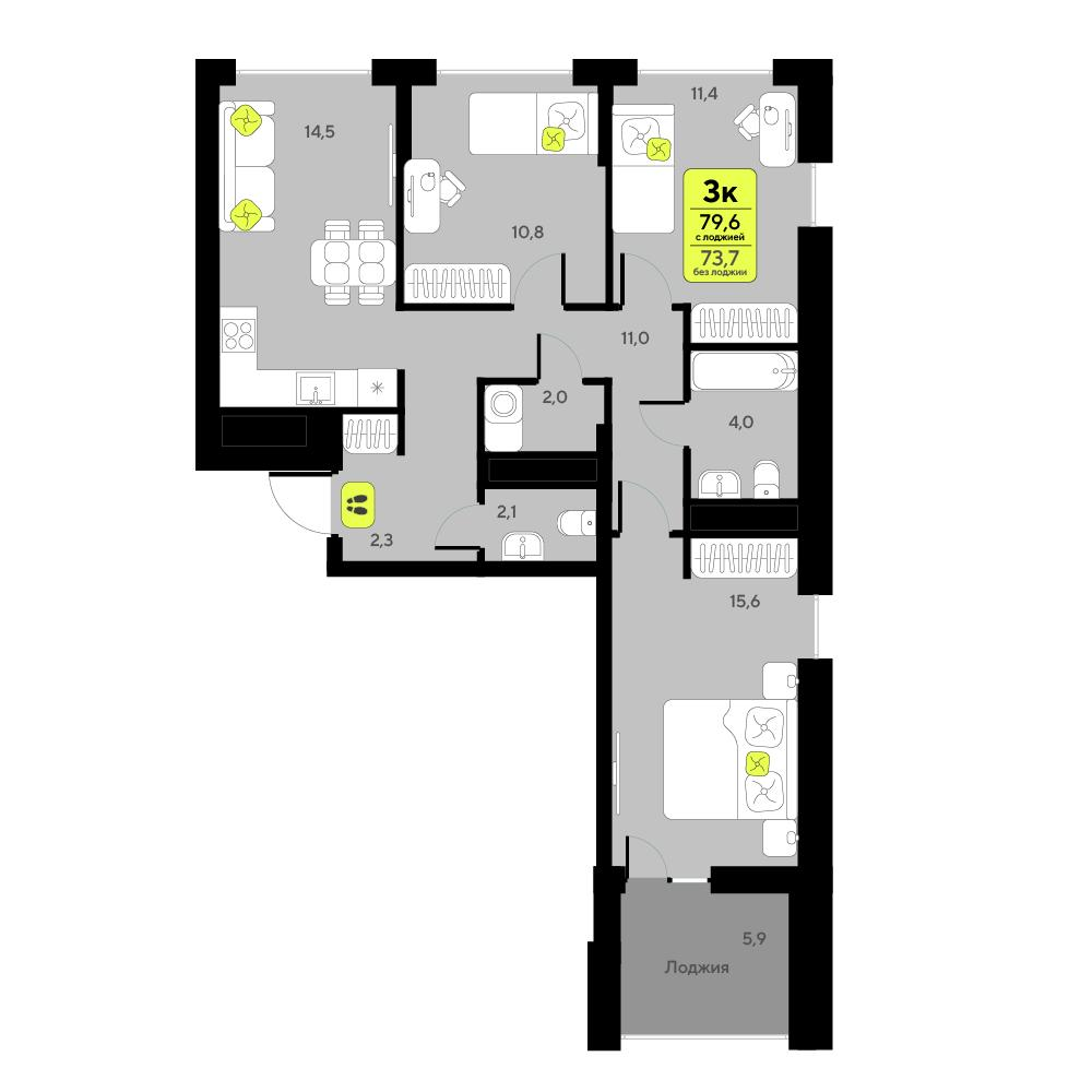 3-комнатная 79 м2 в ЖК Мотивы корпус null этаж 10