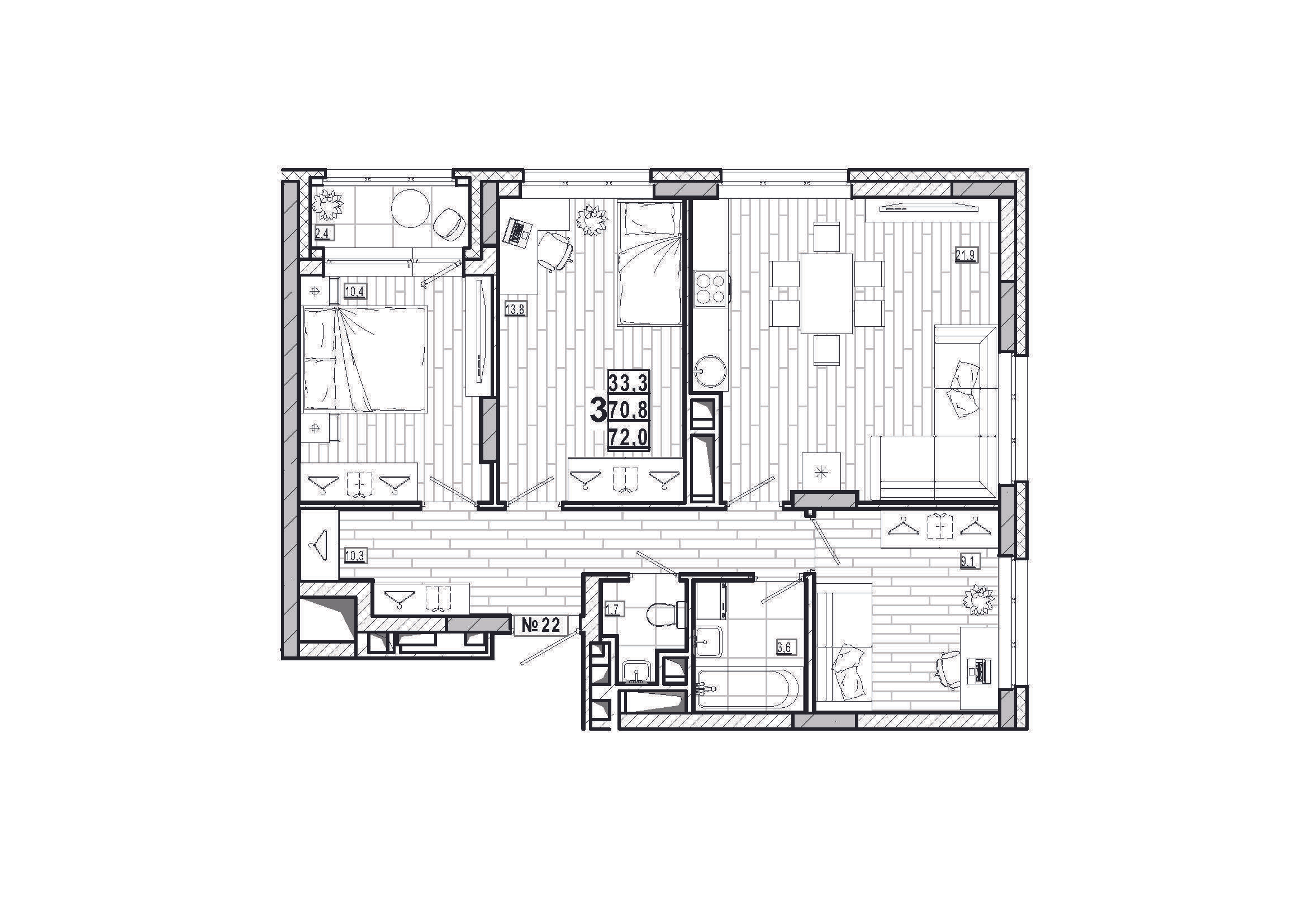 3-комнатная 72 м2 в ЖК Дом на Маяковского корпус null этаж 4