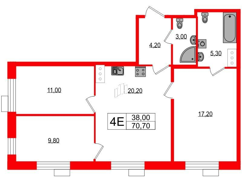 3-комнатная 70 м2 в ЖК Парусная 1 корпус null этаж 8