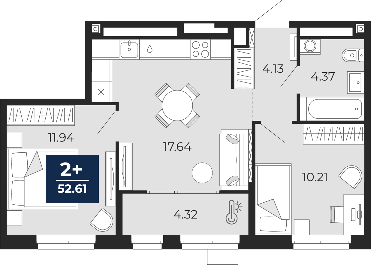 2-комнатная 52 м2 в ЖК Мириады корпус null этаж 14
