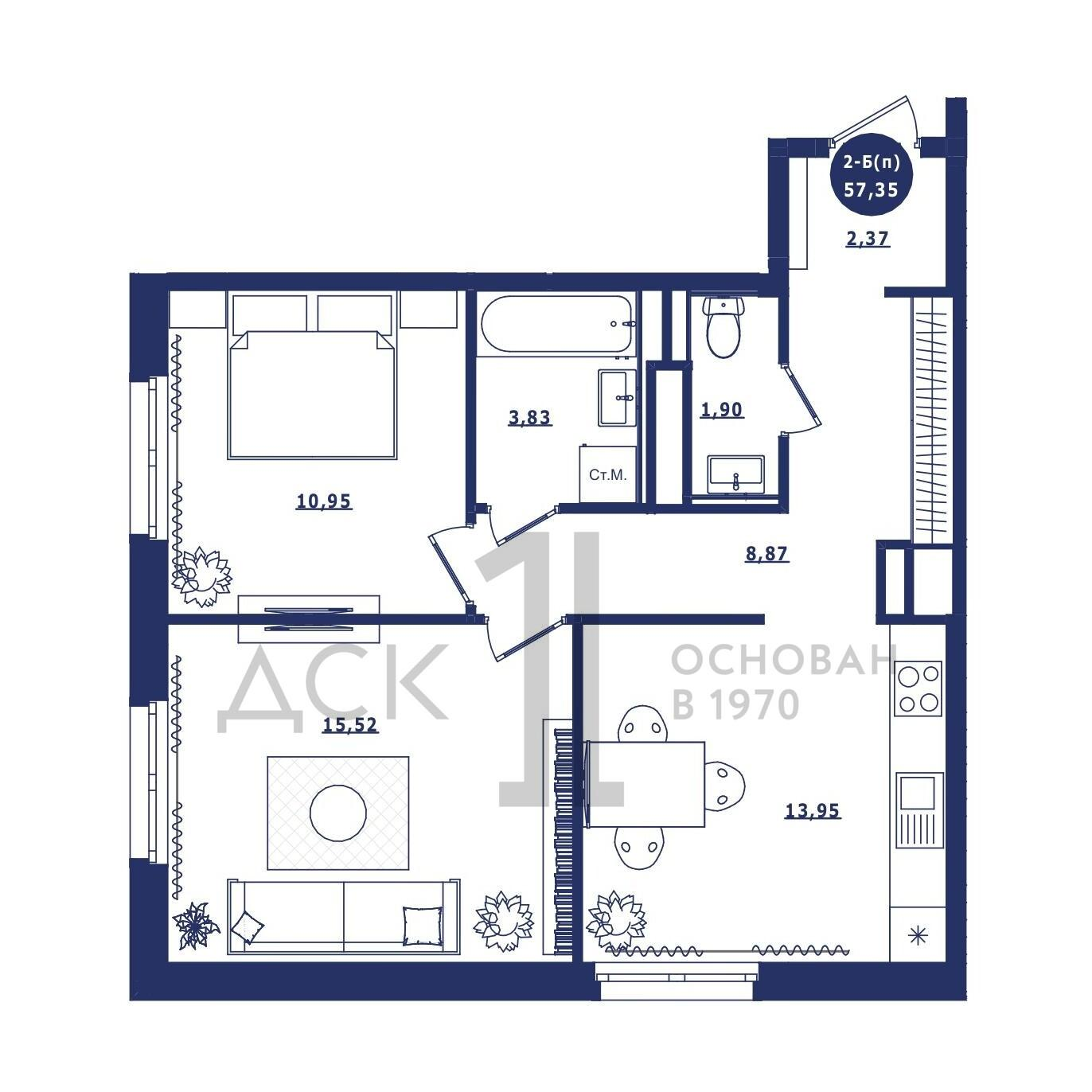 2-комнатная 57 м2 в ЖК Крылов корпус null этаж 16