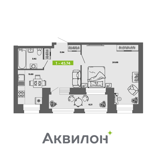 1-комнатная 45 м2 в ЖК Аквилон ROSA корпус null этаж 8