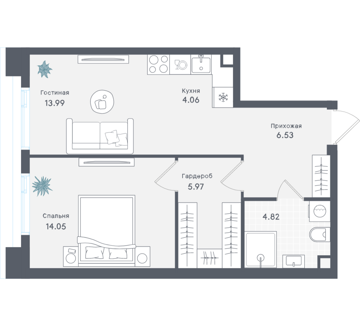 1-комнатная 49 м2 в ЖК Solos корпус null этаж 37