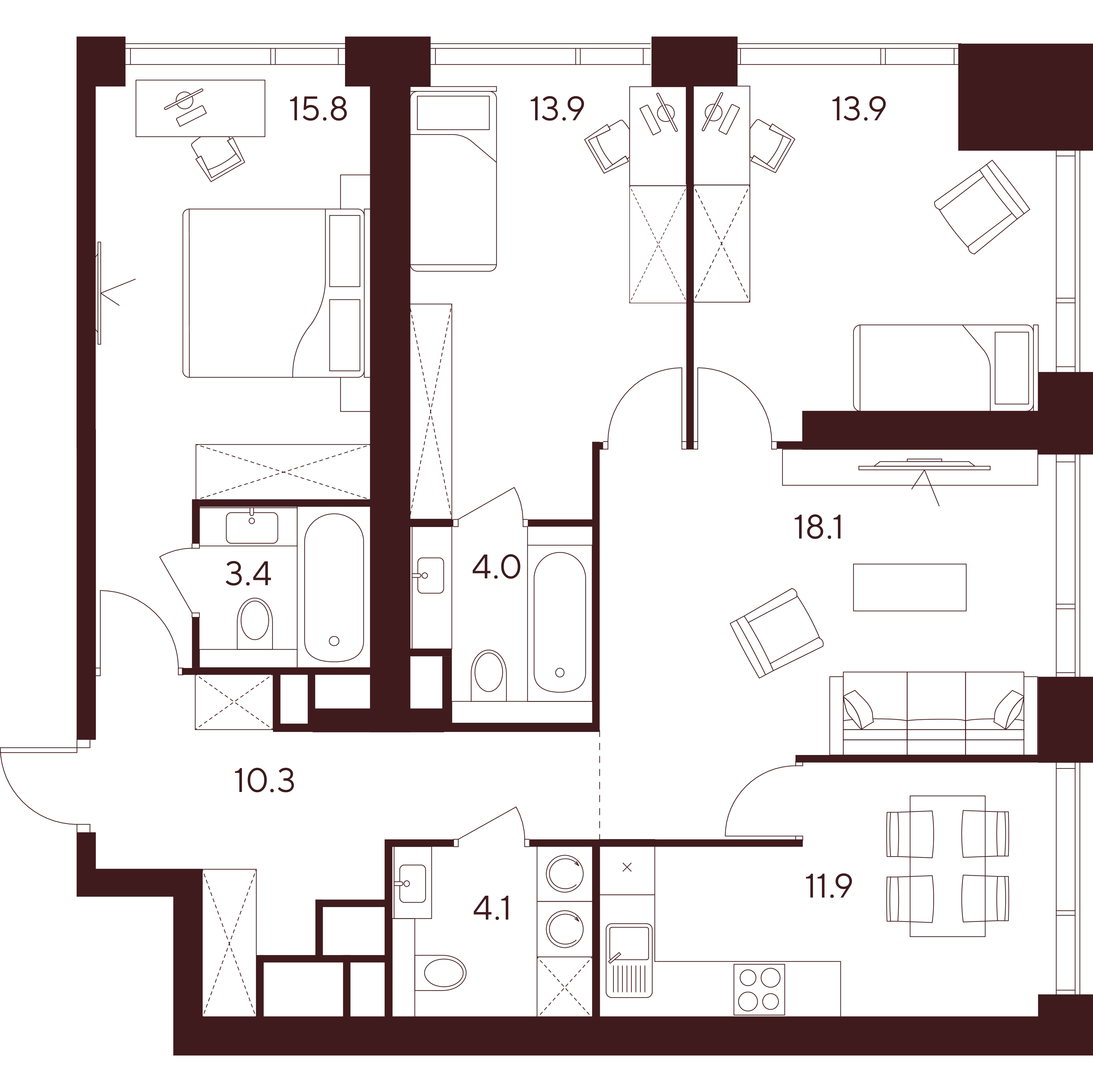 4-комнатная 95 м2 в ЖК Indy Towers корпус null этаж 34