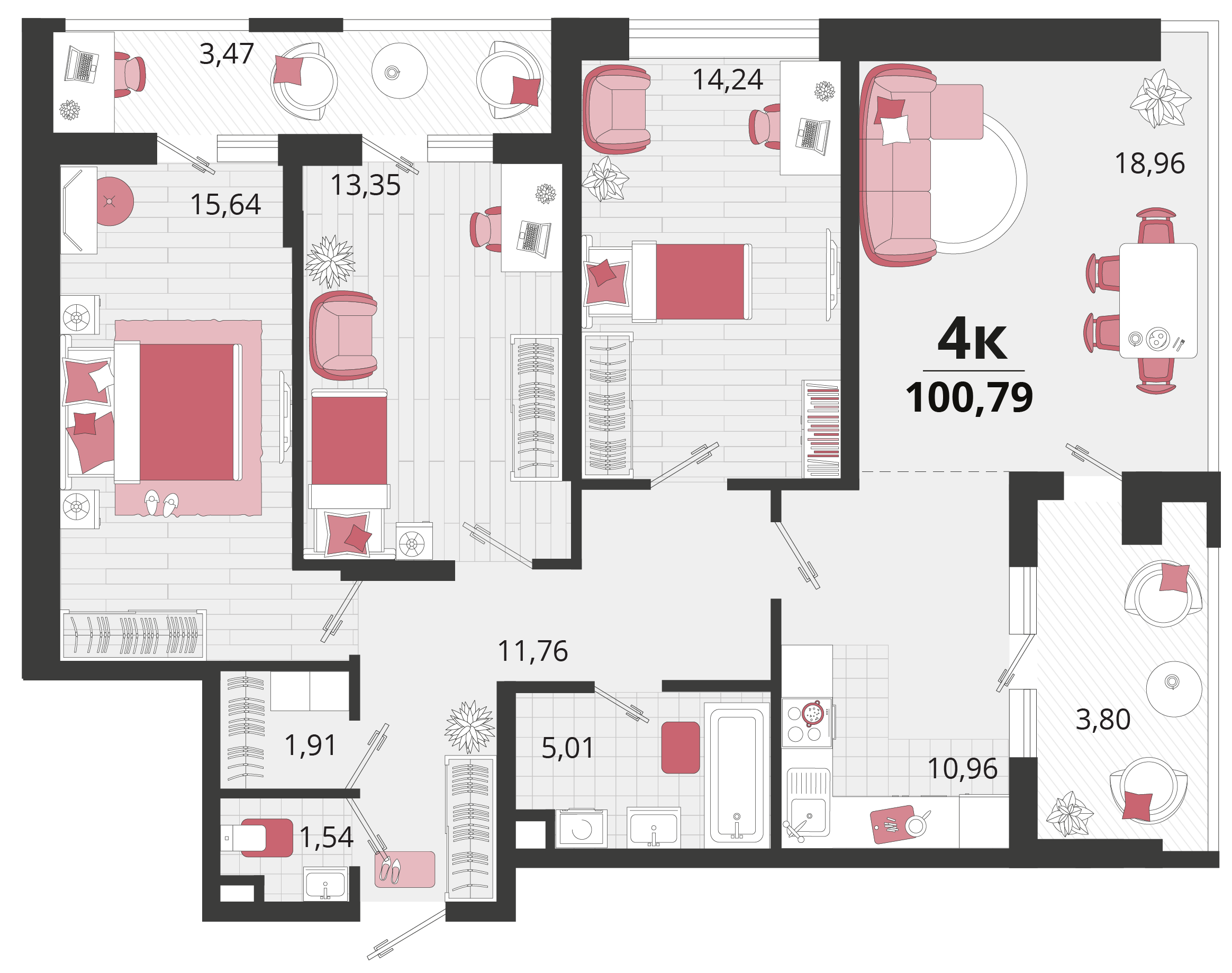 4-комнатная 100 м2 в ЖК Родные просторы корпус null этаж 18
