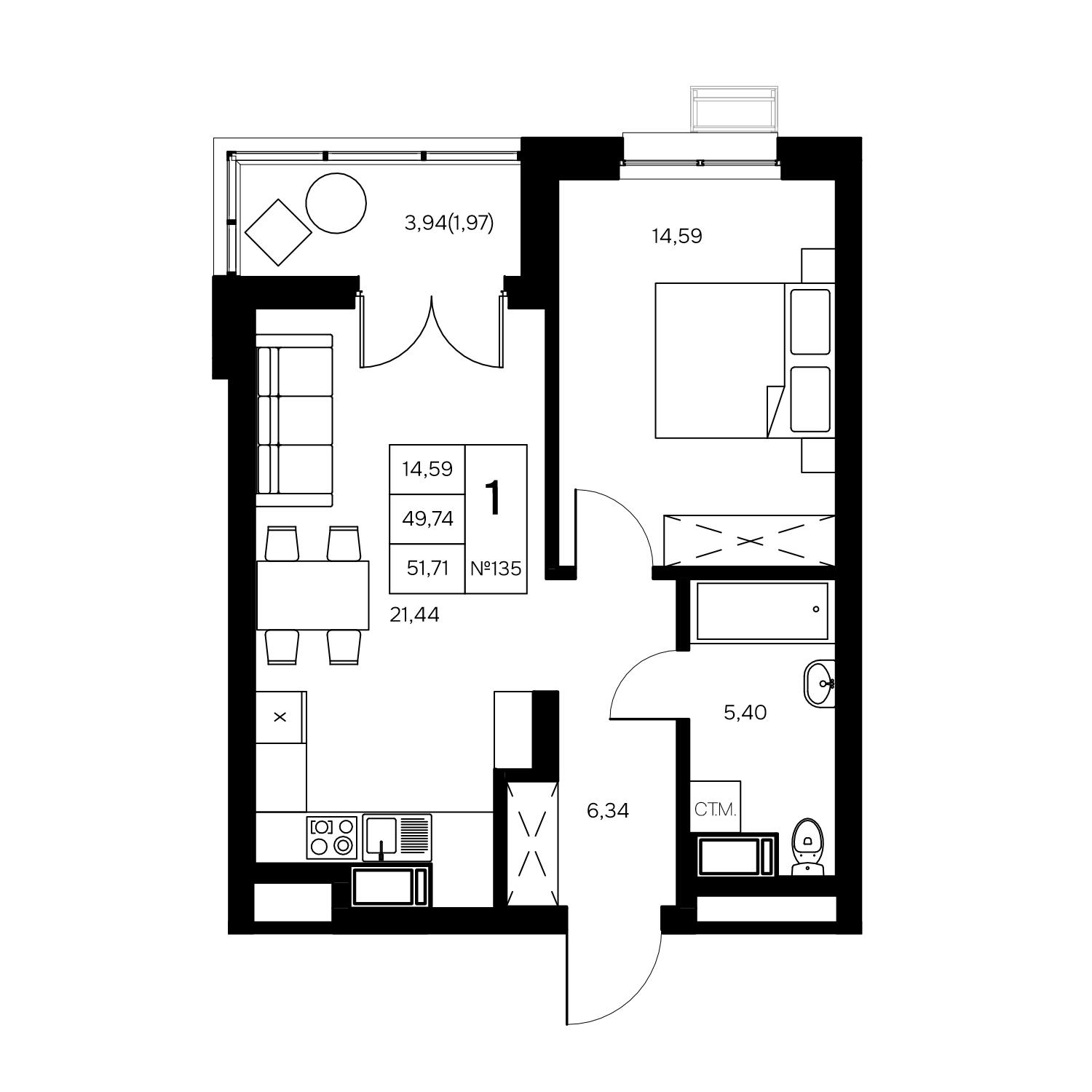 1-комнатная 51 м2 в ЖК Дом Славский корпус null этаж 9