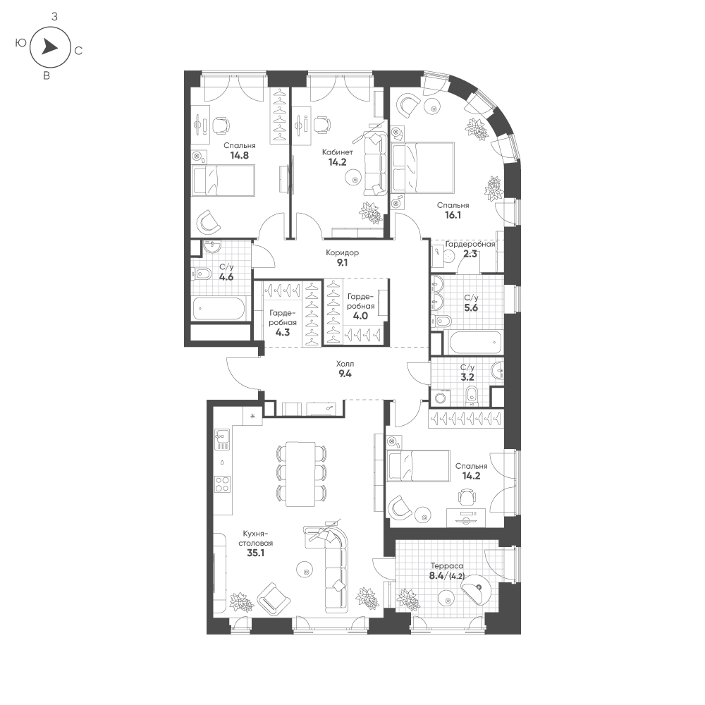 4-комнатная 141 м2 в ЖК Mariinn Park корпус null этаж 12