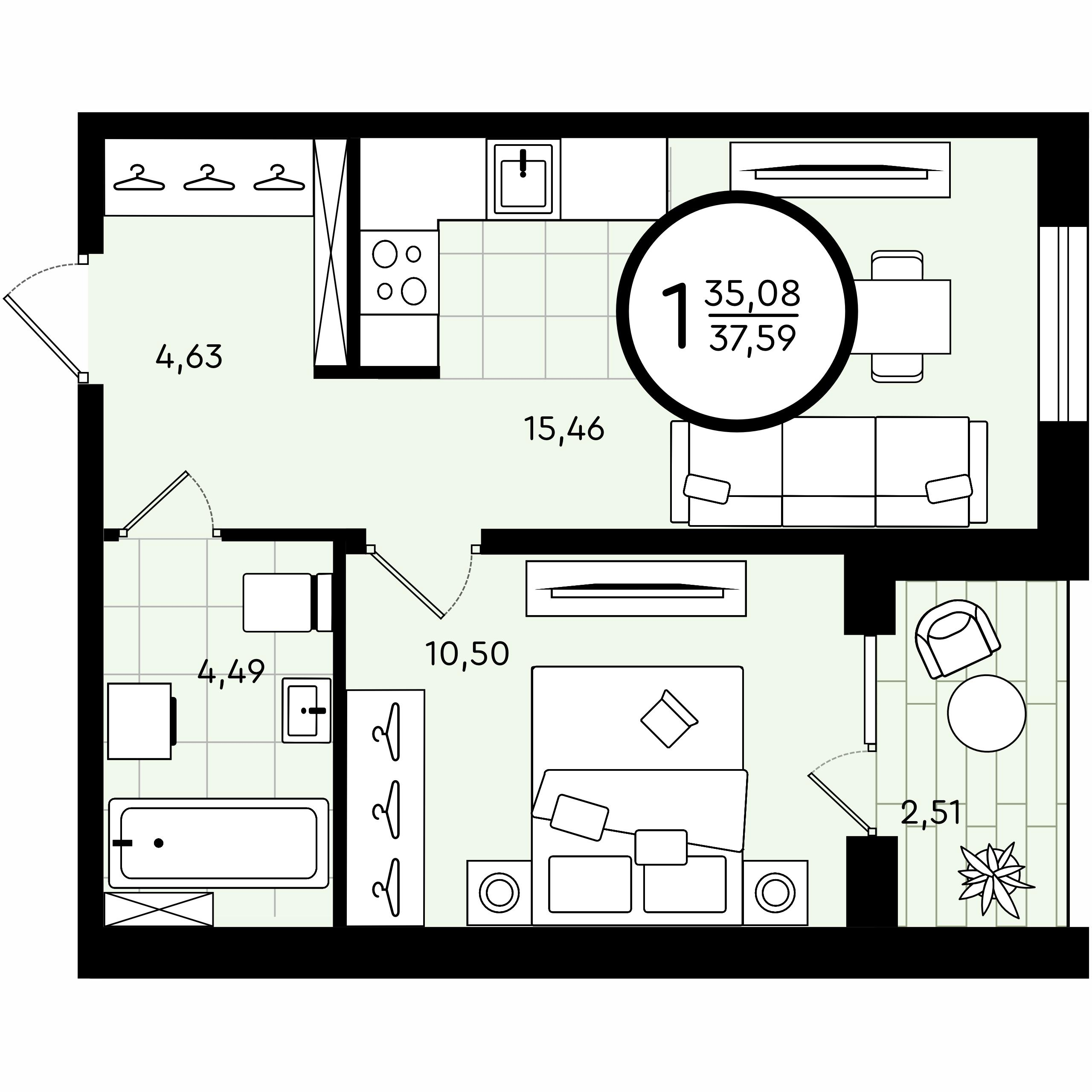 1-комнатная 37 м2 в ЖК Зеленые Аллеи корпус null этаж 2