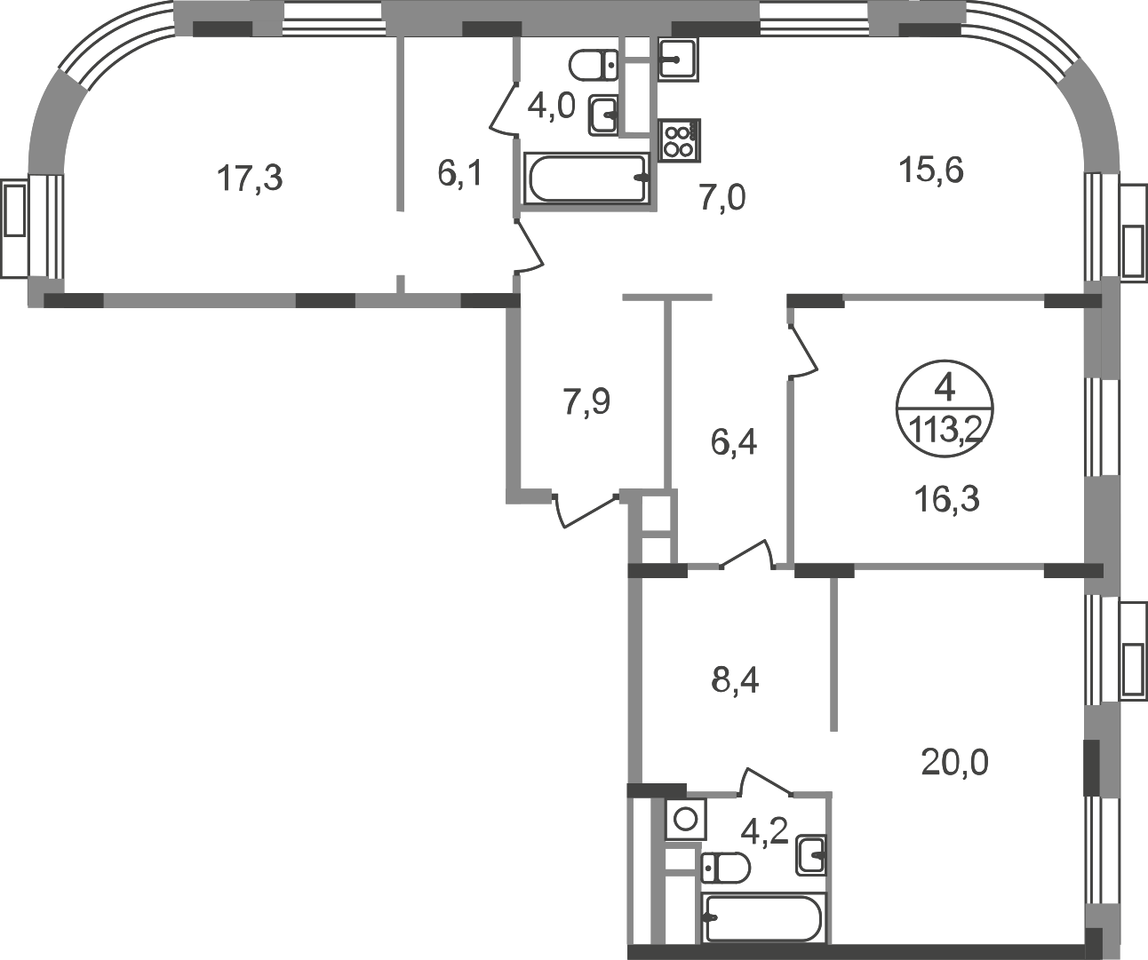 4-комнатная 113 м2 в ЖК Резиденции Сколково корпус null этаж 8
