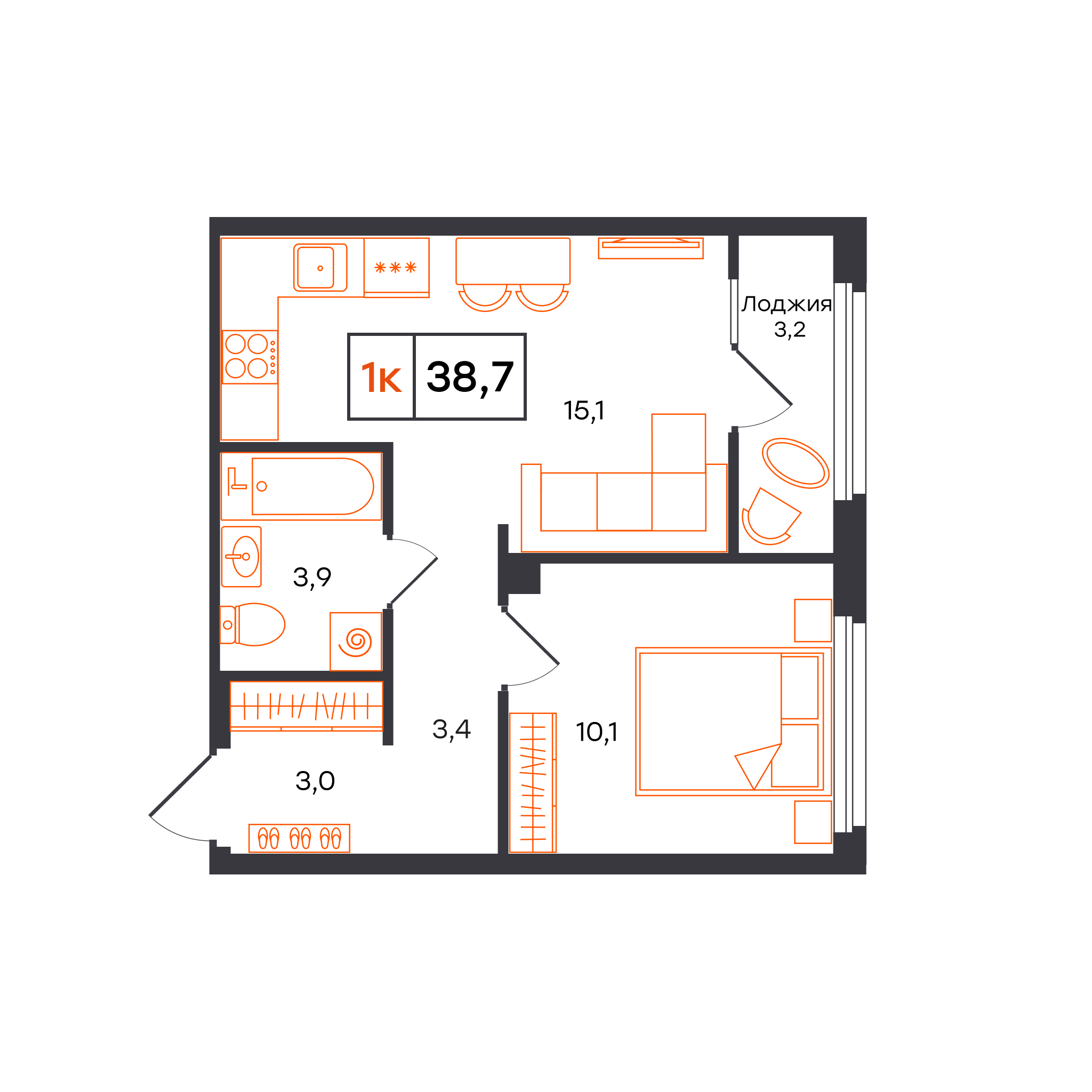 1-комнатная 38 м2 в ЖК Отличие корпус null этаж 7