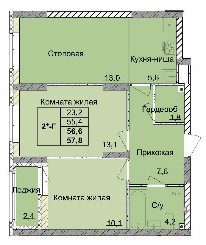 2-комнатная 55 м2 в ЖК Тетра корпус null этаж 1