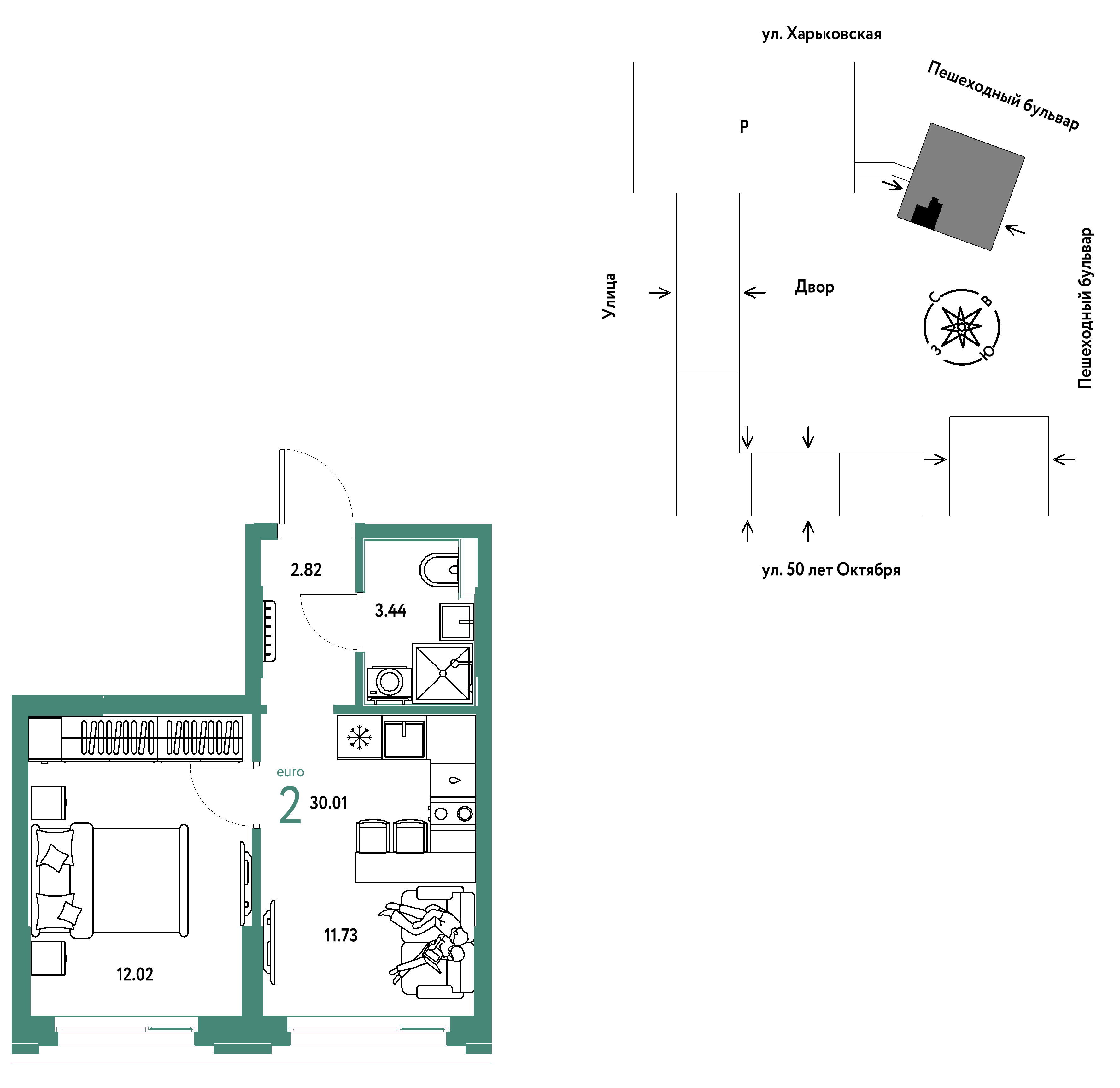 2-комнатная 30 м2 в ЖК Сердце Сибири корпус null этаж 3
