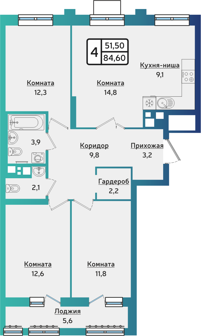 4-комнатная 84 м2 в ЖК ARTNOVA корпус null этаж 8