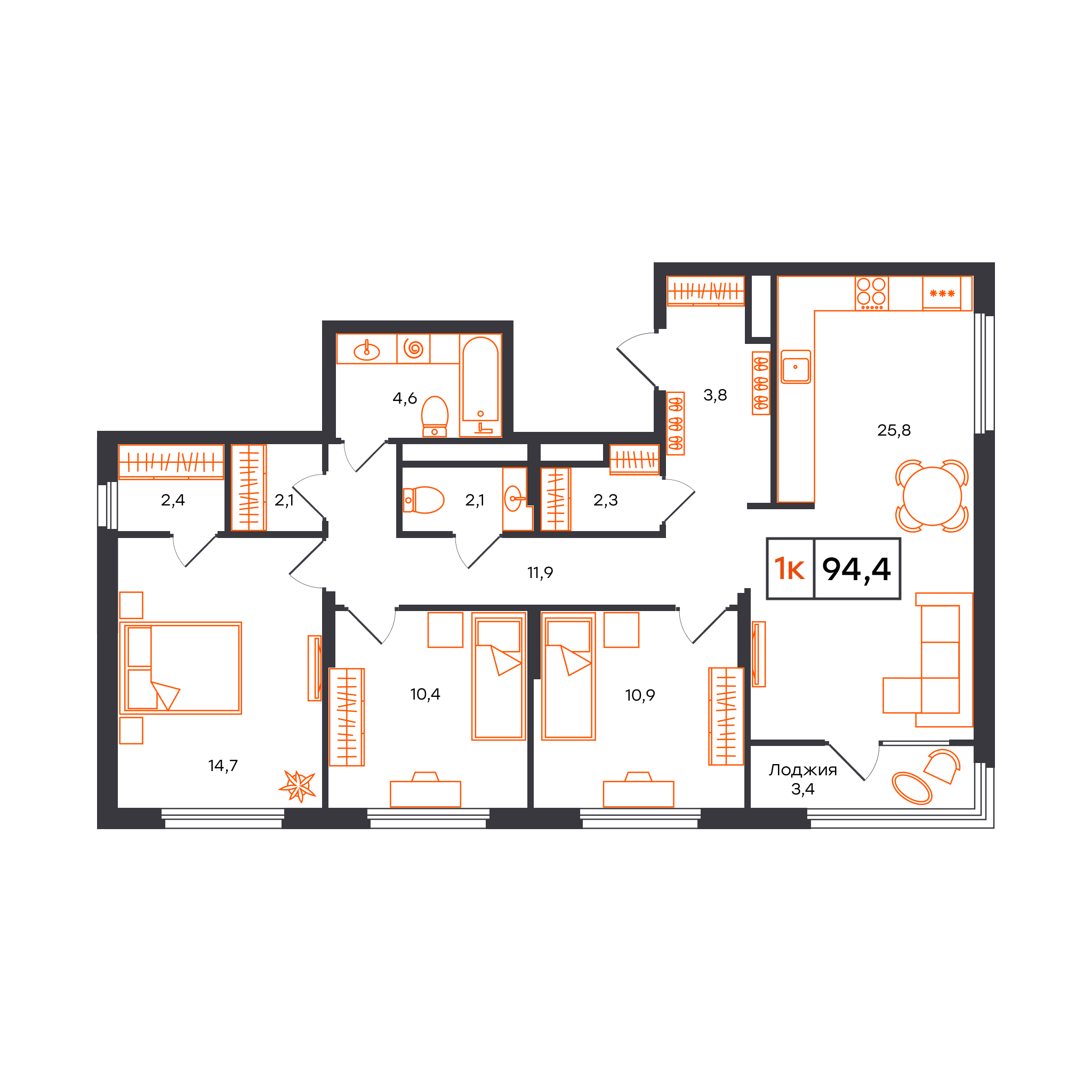 3-комнатная 94 м2 в ЖК Отличие корпус null этаж 10