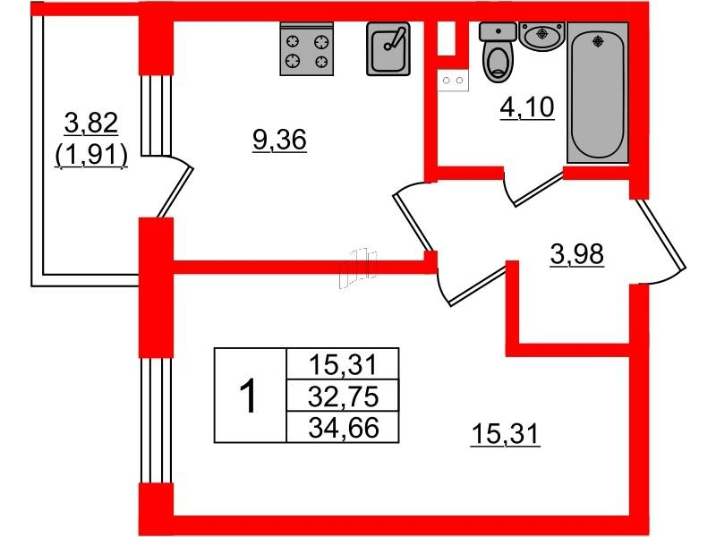 1-комнатная 32 м2 в ЖК Золотые купола. Новая История корпус null этаж 2