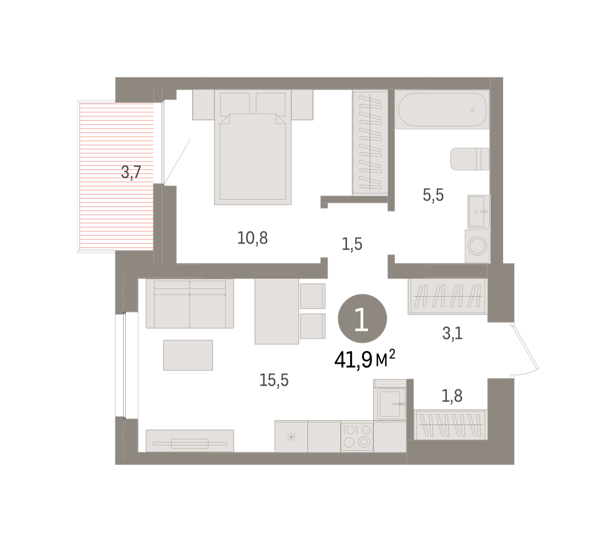 1-комнатная 41 м2 в ЖК Речной порт корпус null этаж 6