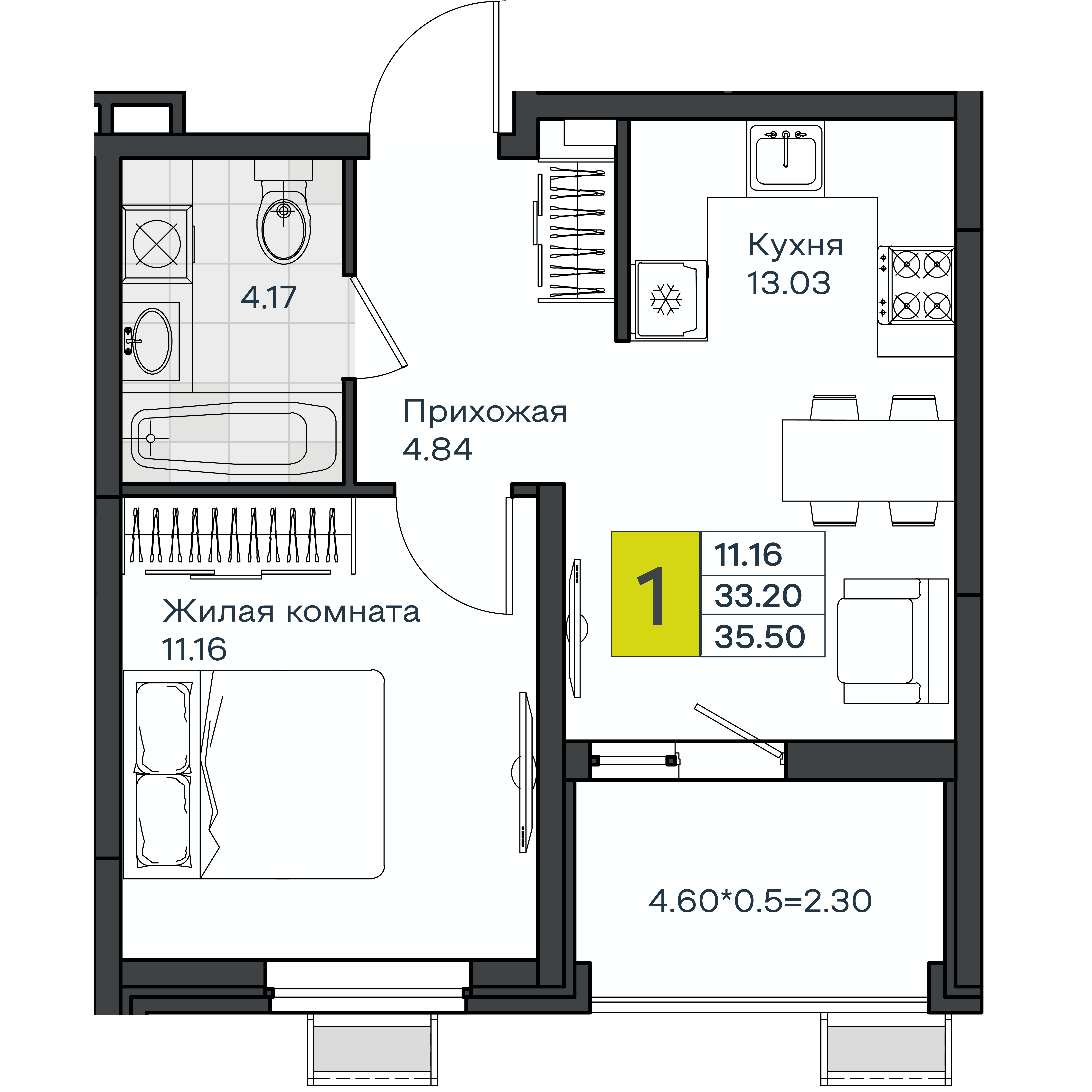 1-комнатная 35 м2 в ЖК МОНО Квартал корпус null этаж 2