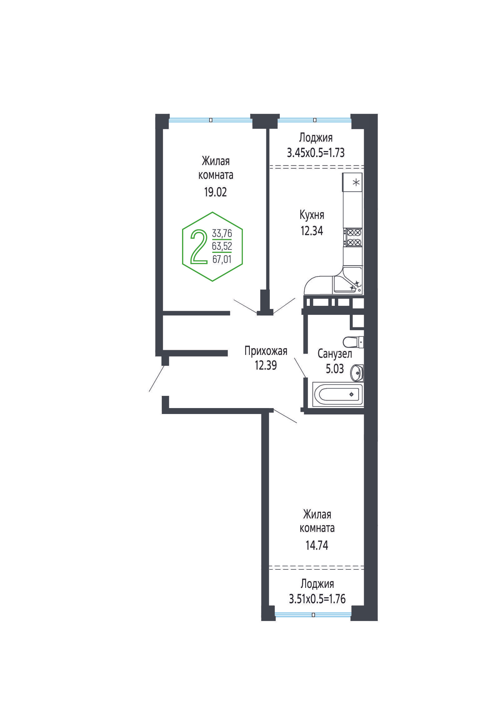 2-комнатная 67 м2 в ЖК Гарантия Прайм корпус null этаж 11