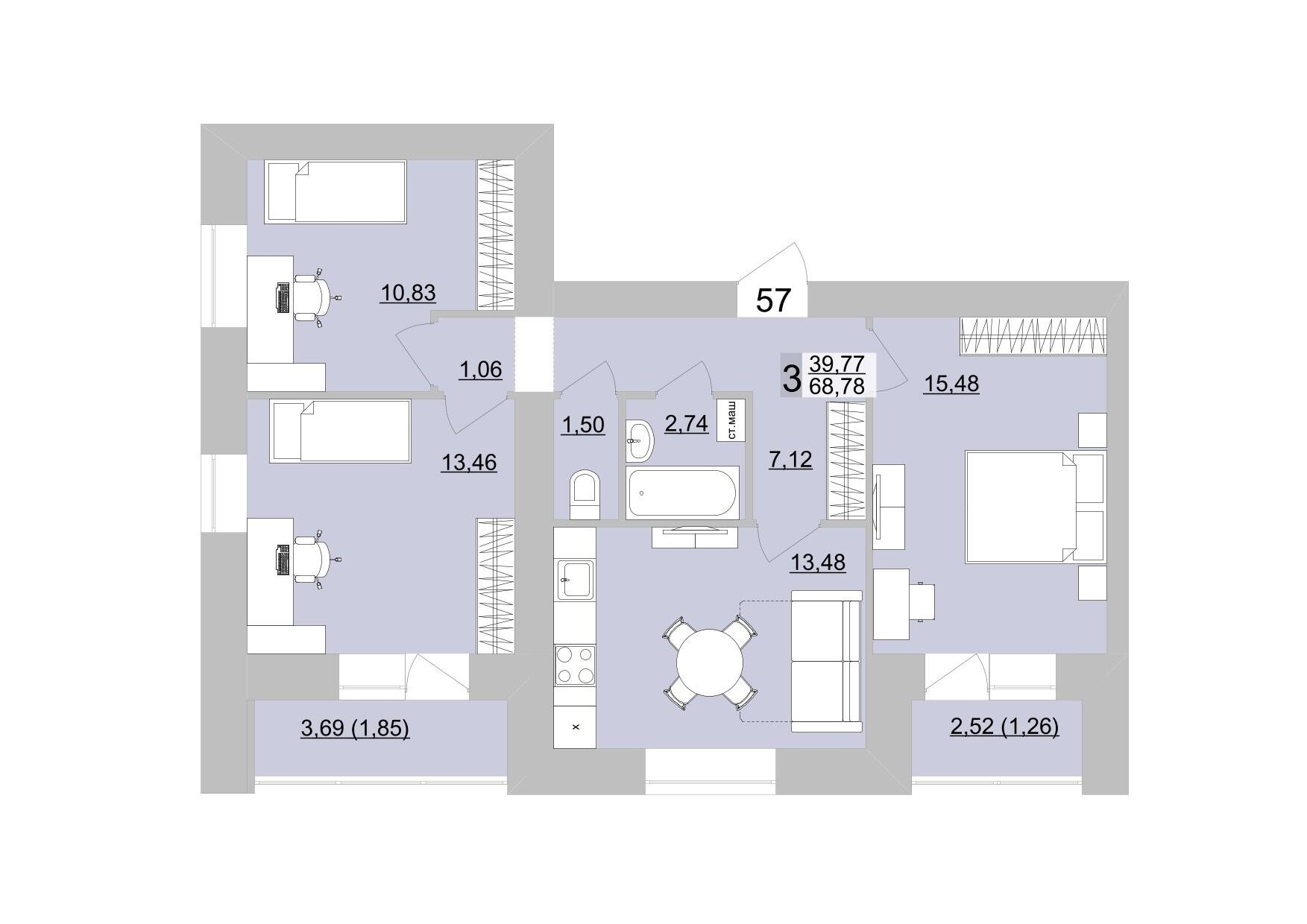 3-комнатная 71 м2 в ЖК Философия Идеалистов на Театральной корпус null этаж 10