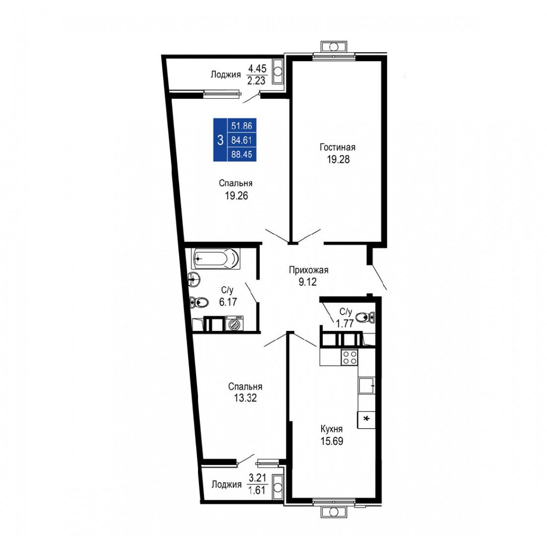 3-комнатная 88.5 м2 в ЖК undefined корпус null этаж 9