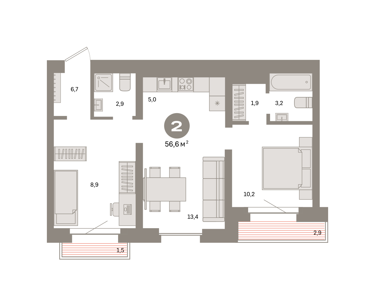 2-комнатная 56 м2 в ЖК Метроном корпус null этаж 3