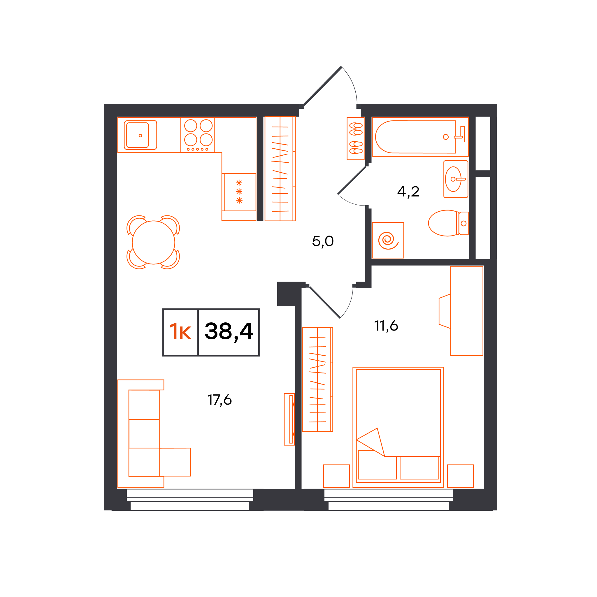 1-комнатная 38 м2 в ЖК Отличие корпус null этаж 2