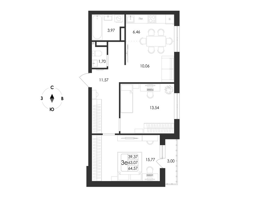 3-комнатная 64 м2 в ЖК Май корпус null этаж 7