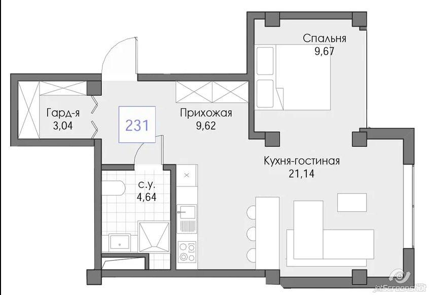 2-комнатная 48.1 м2 в ЖК undefined корпус null этаж 2