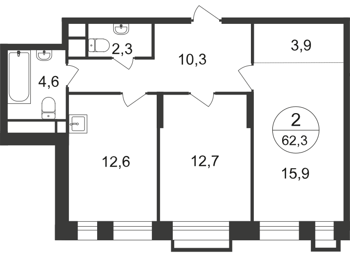 2-комнатная 62 м2 в ЖК Первый Московский корпус null этаж 3